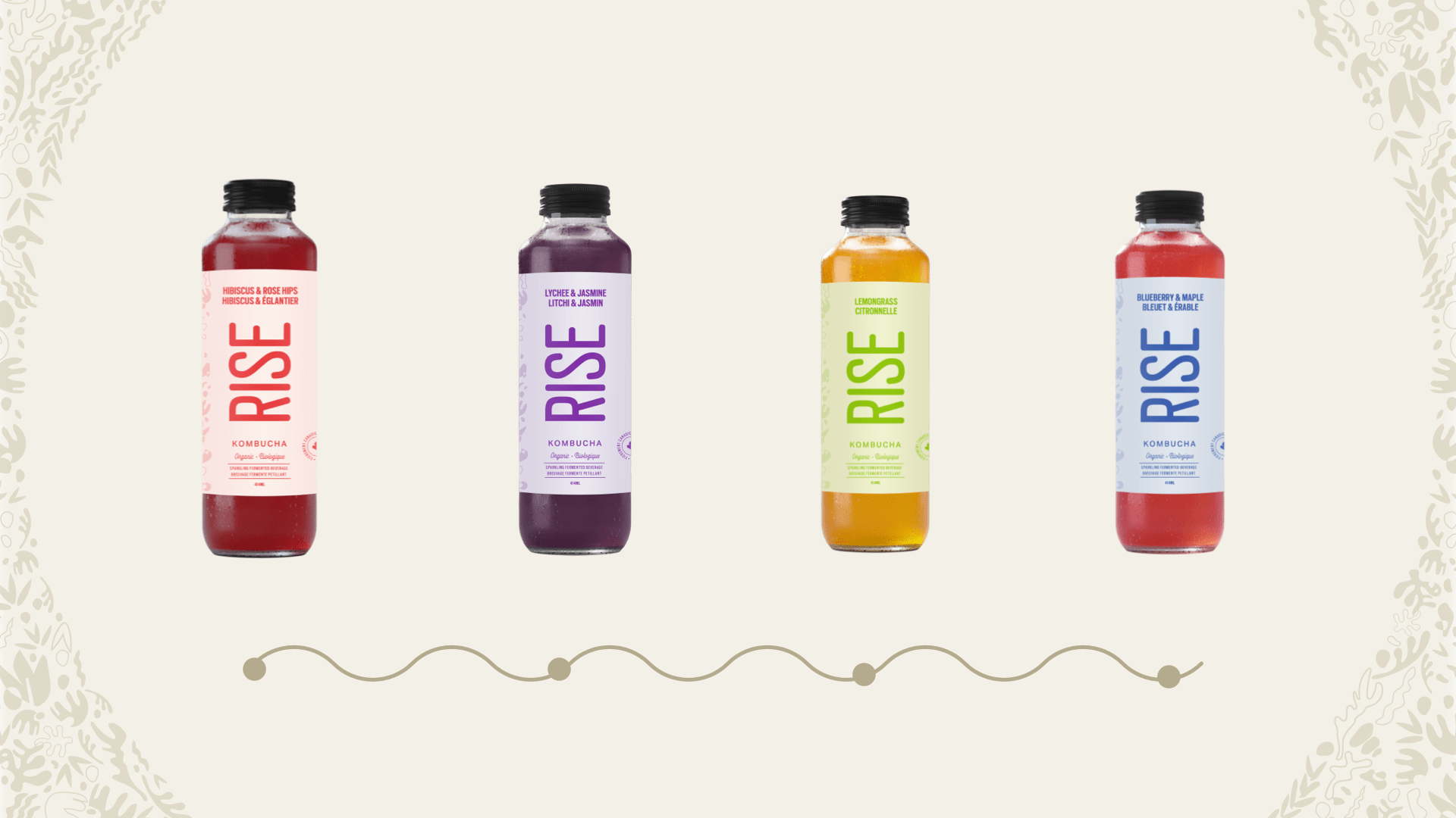 four flavours of RISE kombucha